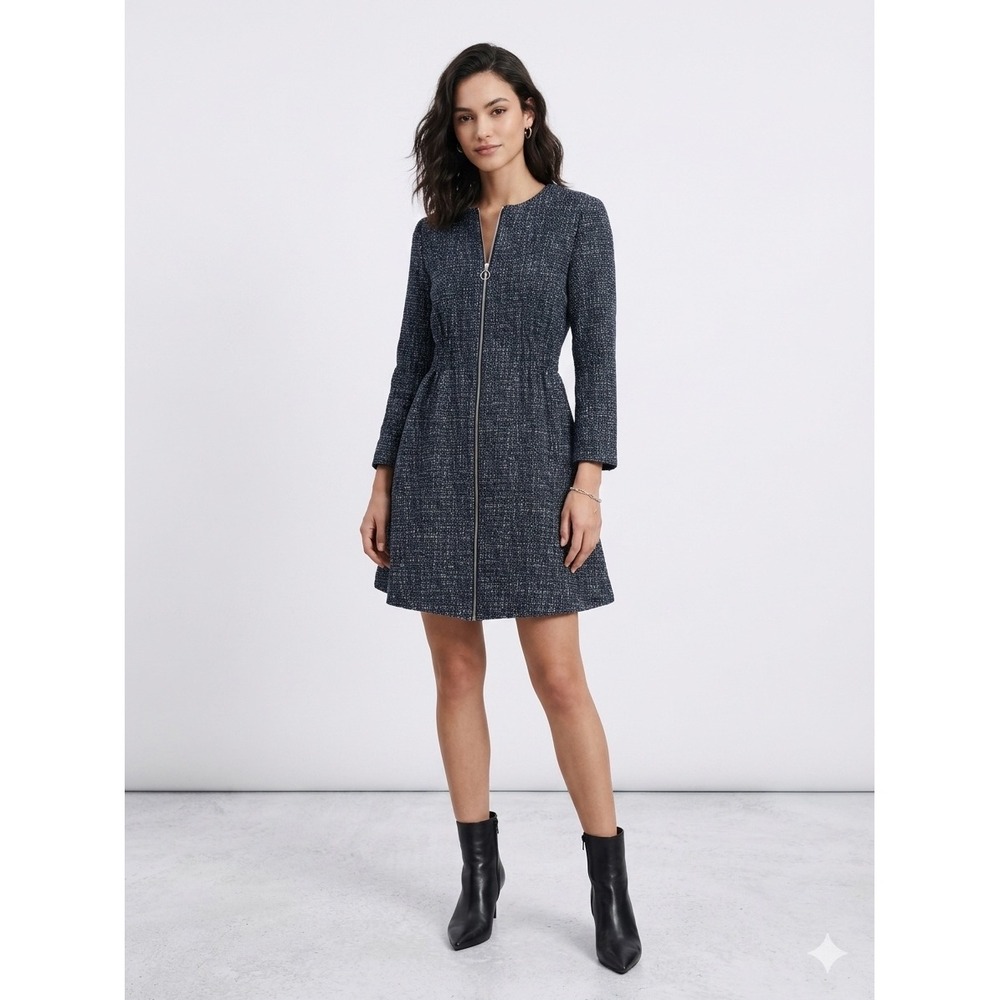 Maje Navy Blue Tweed Zip Front Long Sleeve Mini Dress Academia Preppy 1 Small